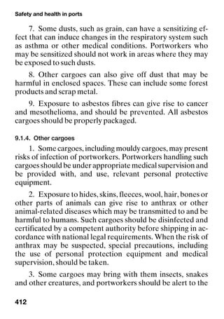 Safety and health in ports
412
7. Some dusts, such as grain, can have a sensitizing ef-
fect that can induce changes in the respiratory system such
as asthma or other medical conditions. Portworkers who
may be sensitized should not work in areas where they may
be exposed to such dusts.
8. Other cargoes can also give off dust that may be
harmful in enclosed spaces. These can include some forest
products and scrap metal.
9. Exposure to asbestos fibres can give rise to cancer
and mesothelioma, and should be prevented. All asbestos
cargoes should be properly packaged.
9.1.4. Other cargoes
1. Some cargoes, including mouldy cargoes, may present
risks of infection of portworkers. Portworkers handling such
cargoesshouldbeunderappropriatemedicalsupervisionand
be provided with, and use, relevant personal protective
equipment.
2. Exposure to hides, skins, fleeces, wool, hair, bones or
other parts of animals can give rise to anthrax or other
animal-related diseases which may be transmitted to and be
harmful to humans. Such cargoes should be disinfected and
certificated by a competent authority before shipping in ac-
cordance with national legal requirements. When the risk of
anthrax may be suspected, special precautions, including
the use of personal protection equipment and medical
supervision, should be taken.
3. Some cargoes may bring with them insects, snakes
and other creatures, and portworkers should be alert to the
 