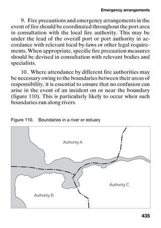 Emergency arrangements
435
9. Fire precautions and emergency arrangements in the
event of fire should be coordinated throughout the port area
in consultation with the local fire authority. This may be
under the lead of the overall port or port authority in ac-
cordance with relevant local by-laws or other legal require-
ments. When appropriate, specific fire precaution measures
should be devised in consultation with relevant bodies and
specialists.
10. Where attendance by different fire authorities may
be necessary owing to the boundaries between their areas of
responsibility, it is essential to ensure that no confusion can
arise in the event of an incident on or near the boundary
(figure 110). This is particularly likely to occur when such
boundaries run along rivers.
Figure 110. Boundaries in a river or estuary
 