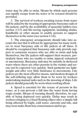 Emergency arrangements
437
water may be able to swim. Means by which such persons
can rapidly escape from the water or be rescued should be
provided.
2. The survival of workers awaiting rescue from water
will be aided by the wearing of appropriate buoyancy aids or
life jackets, and by the availability of quayside ladders (see
section 3.3.5) and life-saving equipment, including chains,
handholds or other means to enable persons to support
themselves in the water (see section 3.3.6).
3. The emergency arrangements should take into ac-
count the fact that it will not be appropriate for many work-
ers to wear buoyancy aids or life jackets at all times. It
should be recognized that buoyancy aids only provide sup-
port to conscious wearers who are able to swim and help
themselves, but life jackets will support their wearers, par-
ticularly those who are unable to swim, injured, exhausted
or unconscious. Buoyancy aids may be suitable in sheltered
water where there are other persons in the vicinity and res-
cue can be expected very quickly. Such garments are light-
weight and offer very little hindrance to movements. Life
jackets are the most effective means, and modern designs of
the self-inflating type allow them to be worn by workers
undertaking manual tasks such as the mooring of ships. Life
jackets should generally be worn when working afloat.
4. Speed is essential for the rescue of persons in the
water, as it can prevent a fall into the water from having
tragic results. Means of rescuing should, therefore, be cap-
able of being deployed very quickly. Delay may result in
workers clinging to a fixed floating object after a simple fall
being affected by fright, cold water, currents and tide, and
may soon make them lose consciousness and let go.
 