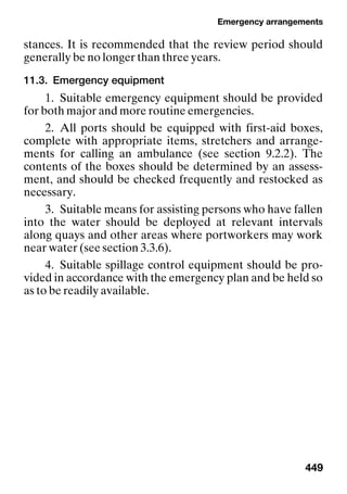 Emergency arrangements
449
stances. It is recommended that the review period should
generally be no longer than three years.
11.3. Emergency equipment
1. Suitable emergency equipment should be provided
for both major and more routine emergencies.
2. All ports should be equipped with first-aid boxes,
complete with appropriate items, stretchers and arrange-
ments for calling an ambulance (see section 9.2.2). The
contents of the boxes should be determined by an assess-
ment, and should be checked frequently and restocked as
necessary.
3. Suitable means for assisting persons who have fallen
into the water should be deployed at relevant intervals
along quays and other areas where portworkers may work
near water (see section 3.3.6).
4. Suitable spillage control equipment should be pro-
vided in accordance with the emergency plan and be held so
as to be readily available.
 