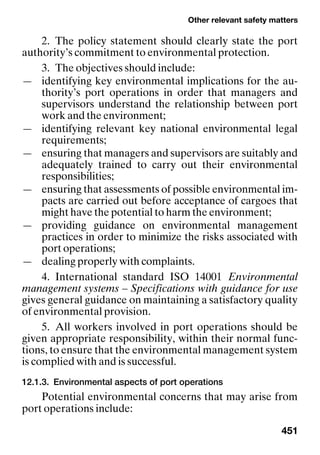 Other relevant safety matters
451
2. The policy statement should clearly state the port
authority’s commitment to environmental protection.
3. The objectives should include:
— identifying key environmental implications for the au-
thority’s port operations in order that managers and
supervisors understand the relationship between port
work and the environment;
— identifying relevant key national environmental legal
requirements;
— ensuring that managers and supervisors are suitably and
adequately trained to carry out their environmental
responsibilities;
— ensuring that assessments of possible environmental im-
pacts are carried out before acceptance of cargoes that
might have the potential to harm the environment;
— providing guidance on environmental management
practices in order to minimize the risks associated with
port operations;
— dealing properly with complaints.
4. International standard ISO 14001 Environmental
management systems – Specifications with guidance for use
gives general guidance on maintaining a satisfactory quality
of environmental provision.
5. All workers involved in port operations should be
given appropriate responsibility, within their normal func-
tions, to ensure that the environmental management system
is complied with and is successful.
12.1.3. Environmental aspects of port operations
Potential environmental concerns that may arise from
port operations include:
 