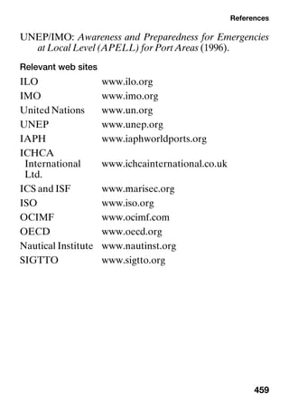 References
459
UNEP/IMO: Awareness and Preparedness for Emergencies
at Local Level (APELL) for Port Areas (1996).
Relevant web sites
ILO www.ilo.org
IMO www.imo.org
United Nations www.un.org
UNEP www.unep.org
IAPH www.iaphworldports.org
ICHCA
International www.ichcainternational.co.uk
Ltd.
ICS and ISF www.marisec.org
ISO www.iso.org
OCIMF www.ocimf.com
OECD www.oecd.org
Nautical Institute www.nautinst.org
SIGTTO www.sigtto.org
 