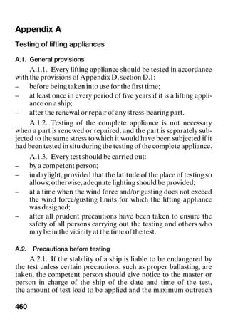460
Appendix A Appendix A
Testing of lifting appliances
A.1. General provisions
A.1.1. Every lifting appliance should be tested in accordance
with the provisions of Appendix D, section D.1:
– before being taken into use for the first time;
– at least once in every period of five years if it is a lifting appli-
ance on a ship;
– after the renewal or repair of any stress-bearing part.
A.1.2. Testing of the complete appliance is not necessary
when a part is renewed or repaired, and the part is separately sub-
jected to the same stress to which it would have been subjected if it
had been tested in situ during the testing of the complete appliance.
A.1.3. Every test should be carried out:
– by a competent person;
– in daylight, provided that the latitude of the place of testing so
allows; otherwise, adequate lighting should be provided;
– at a time when the wind force and/or gusting does not exceed
the wind force/gusting limits for which the lifting appliance
was designed;
– after all prudent precautions have been taken to ensure the
safety of all persons carrying out the testing and others who
may be in the vicinity at the time of the test.
A.2. Precautions before testing
A.2.1. If the stability of a ship is liable to be endangered by
the test unless certain precautions, such as proper ballasting, are
taken, the competent person should give notice to the master or
person in charge of the ship of the date and time of the test,
the amount of test load to be applied and the maximum outreach
 