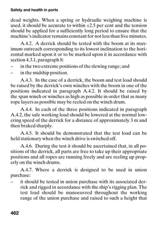 Safety and health in ports
462
dead weights. When a spring or hydraulic weighing machine is
used, it should be accurate to within ±2.5 per cent and the tension
should be applied for a sufficiently long period to ensure that the
machine’s indicator remains constant for not less than five minutes.
A.4.2. A derrick should be tested with the boom at its max-
imum outreach corresponding to its lowest inclination to the hori-
zontal marked upon it or to be marked upon it in accordance with
section 4.3.1, paragraph 8:
– in the two extreme positions of the slewing range; and
– in the midship position.
A.4.3. In the case of a derrick, the boom and test load should
be raised by the derrick’s own winches with the boom in one of the
positions indicated in paragraph A.4.2. It should be raised by
the span winch or winches as high as possible in order that as many
rope layers as possible may be reeled on the winch drum.
A.4.4. In each of the three positions indicated in paragraph
A.4.2, the safe working load should be lowered at the normal low-
ering speed of the derrick for a distance of approximately 3 m and
then braked sharply.
A.4.5. It should be demonstrated that the test load can be
held stationary when the winch drive is switched off.
A.4.6. During the test it should be ascertained that, in all po-
sitions of the derrick, all parts are free to take up their appropriate
positions and all ropes are running freely and are reeling up prop-
erly on the winch drums.
A.4.7. Where a derrick is designed to be used in union
purchase:
– it should be tested in union purchase with its associated der-
rick and rigged in accordance with the ship’s rigging plan. The
test load should be manoeuvred throughout the working
range of the union purchase and raised to such a height that
 