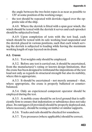 Appendix A
463
the angle between the two hoist ropes is as near as possible to
120˚ at some position of the working range;
– the test should be repeated with derricks rigged over the op-
posite side of the ship.
A.4.8. Where the derrick is fitted with a span gear winch, the
winch should be tested with the derrick it serves and each sprocket
should be subjected to load.
A.4.9. Upon completion of tests with the test load, each
winch should be tested with its safe working load suspended and
the derrick placed in various positions, such that each winch serv-
ing the derrick is subjected to loading while having the maximum
working length of rope layered on its drum.
A.5. Cranes
A.5.1. Test weights only should be employed.
A.5.2. Before any test is carried out, it should be ascertained,
from the manufacturer’s rating or known design limitations, that
the crane has been designed to withstand the impositions of the test
load not only as regards its structural strength but also its stability,
where this is appropriate.
A.5.3. It should be ascertained – not merely assumed – that,
where appropriate, the crane is properly ballasted or counter-
balanced.
A.5.4. Only an experienced competent operator should be
employed during the test.
A.5.5. A mobile crane should be on level ground that is suffi-
ciently firm to ensure that indentation or subsidence does not take
place. Its outriggers (if provided) should be properly deployed and,
where necessary, should be resting on timber or similar supports.
A.5.6. Tracks and rails should be checked for soundness.
A.5.7. Tyre pressures (where applicable) should be correct.
 