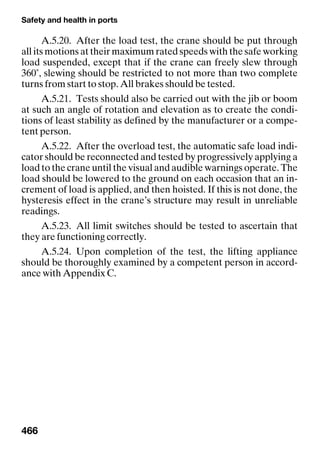 Safety and health in ports
466
A.5.20. After the load test, the crane should be put through
all its motions at their maximum rated speeds with the safe working
load suspended, except that if the crane can freely slew through
360˚, slewing should be restricted to not more than two complete
turns from start to stop. All brakes should be tested.
A.5.21. Tests should also be carried out with the jib or boom
at such an angle of rotation and elevation as to create the condi-
tions of least stability as defined by the manufacturer or a compe-
tent person.
A.5.22. After the overload test, the automatic safe load indi-
cator should be reconnected and tested by progressively applying a
load to the crane until the visual and audible warnings operate. The
load should be lowered to the ground on each occasion that an in-
crement of load is applied, and then hoisted. If this is not done, the
hysteresis effect in the crane’s structure may result in unreliable
readings.
A.5.23. All limit switches should be tested to ascertain that
they are functioning correctly.
A.5.24. Upon completion of the test, the lifting appliance
should be thoroughly examined by a competent person in accord-
ance with Appendix C.
 