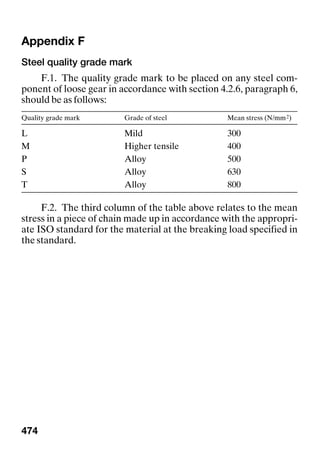 474
Appendix F
Steel quality grade mark
F.1. The quality grade mark to be placed on any steel com-
ponent of loose gear in accordance with section 4.2.6, paragraph 6,
should be as follows:
F.2. The third column of the table above relates to the mean
stress in a piece of chain made up in accordance with the appropri-
ate ISO standard for the material at the breaking load specified in
the standard.
Quality grade mark Grade of steel Mean stress (N/mm2)
L Mild 300
M Higher tensile 400
P Alloy 500
S Alloy 630
T Alloy 800
 