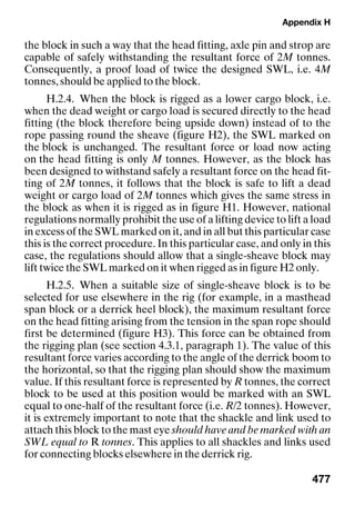 Appendix H
477
the block in such a way that the head fitting, axle pin and strop are
capable of safely withstanding the resultant force of 2M tonnes.
Consequently, a proof load of twice the designed SWL, i.e. 4M
tonnes, should be applied to the block.
H.2.4. When the block is rigged as a lower cargo block, i.e.
when the dead weight or cargo load is secured directly to the head
fitting (the block therefore being upside down) instead of to the
rope passing round the sheave (figure H2), the SWL marked on
the block is unchanged. The resultant force or load now acting
on the head fitting is only M tonnes. However, as the block has
been designed to withstand safely a resultant force on the head fit-
ting of 2M tonnes, it follows that the block is safe to lift a dead
weight or cargo load of 2M tonnes which gives the same stress in
the block as when it is rigged as in figure H1. However, national
regulations normally prohibit the use of a lifting device to lift a load
in excess of the SWL marked on it, and in all but this particular case
this is the correct procedure. In this particular case, and only in this
case, the regulations should allow that a single-sheave block may
lift twice the SWL marked on it when rigged as in figure H2 only.
H.2.5. When a suitable size of single-sheave block is to be
selected for use elsewhere in the rig (for example, in a masthead
span block or a derrick heel block), the maximum resultant force
on the head fitting arising from the tension in the span rope should
first be determined (figure H3). This force can be obtained from
the rigging plan (see section 4.3.1, paragraph 1). The value of this
resultant force varies according to the angle of the derrick boom to
the horizontal, so that the rigging plan should show the maximum
value. If this resultant force is represented by R tonnes, the correct
block to be used at this position would be marked with an SWL
equal to one-half of the resultant force (i.e. R/2 tonnes). However,
it is extremely important to note that the shackle and link used to
attach this block to the mast eye should have and be marked with an
SWL equal to R tonnes. This applies to all shackles and links used
for connecting blocks elsewhere in the derrick rig.
 