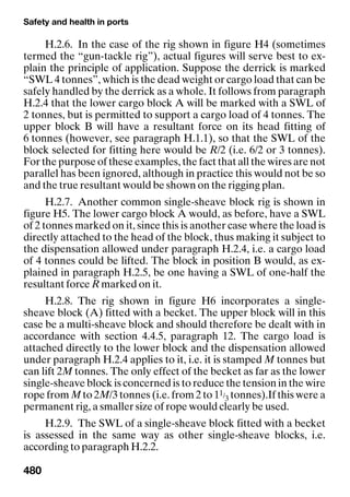Safety and health in ports
480
H.2.6. In the case of the rig shown in figure H4 (sometimes
termed the “gun-tackle rig”), actual figures will serve best to ex-
plain the principle of application. Suppose the derrick is marked
“SWL 4 tonnes”, which is the dead weight or cargo load that can be
safely handled by the derrick as a whole. It follows from paragraph
H.2.4 that the lower cargo block A will be marked with a SWL of
2 tonnes, but is permitted to support a cargo load of 4 tonnes. The
upper block B will have a resultant force on its head fitting of
6 tonnes (however, see paragraph H.1.1), so that the SWL of the
block selected for fitting here would be R/2 (i.e. 6/2 or 3 tonnes).
For the purpose of these examples, the fact that all the wires are not
parallel has been ignored, although in practice this would not be so
and the true resultant would be shown on the rigging plan.
H.2.7. Another common single-sheave block rig is shown in
figure H5. The lower cargo block A would, as before, have a SWL
of 2 tonnes marked on it, since this is another case where the load is
directly attached to the head of the block, thus making it subject to
the dispensation allowed under paragraph H.2.4, i.e. a cargo load
of 4 tonnes could be lifted. The block in position B would, as ex-
plained in paragraph H.2.5, be one having a SWL of one-half the
resultant force R marked on it.
H.2.8. The rig shown in figure H6 incorporates a single-
sheave block (A) fitted with a becket. The upper block will in this
case be a multi-sheave block and should therefore be dealt with in
accordance with section 4.4.5, paragraph 12. The cargo load is
attached directly to the lower block and the dispensation allowed
under paragraph H.2.4 applies to it, i.e. it is stamped M tonnes but
can lift 2M tonnes. The only effect of the becket as far as the lower
single-sheave block is concerned is to reduce the tension in the wire
rope from M to 2M/3 tonnes (i.e. from 2 to 11/3 tonnes).If this were a
permanent rig, a smaller size of rope would clearly be used.
H.2.9. The SWL of a single-sheave block fitted with a becket
is assessed in the same way as other single-sheave blocks, i.e.
according to paragraph H.2.2.
 