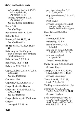 Safety and health in ports
482
safe working load, 4.4.5.7-13,
47, Appendix D,
Appendix H, H
testing, Appendix B.2.8,
Appendix D
See also Loose gear; Ropes
Boats, 3.14
See also Ships
Boatswain’s chair, 5.3.3.1.6
Bollards, 3.6.7
Booms, 4.3.1.6, 31, 32, 33
See also Derricks
Bridge plates, 3.13.13, 6.16.2.6,
27
Bulk cargoes. See Cargoes;
Liquid and gas bulk cargoes;
Solid bulk cargo
Bulk carriers, 7.2.7, 7.10
Bull wires, 7.5.2.14, 105
Bulwarks, 7.2.6, 7.6.1.1-2
Cages, 3.6.2.9, 5.2.3.10, 7.8.3.3-4,
7.8.3.9, 22
See also Platforms
Canteens, 10.6
Capstans, 6.13.7, 6.16.3.12-13
Cargo blocks. See Blocks
Cargo lifts, 4.3.1.12-15, 5.2.2.3,
7.9.5, 57, 105
See also Derricks
Cargo platforms. See Platforms
Cargoes
damaged, 7.7, 11.1.6
port operations for, 6.1.1,
6.1.5, 6.8, 6.20
ship operations for, 7.6.1.4-13,
7.6.2
symbols, 53
See also Containers; Liquid
and gas bulk cargoes;
Loads; Solid bulk cargoes
Cassettes, 3.6.2.6, 6.10.7
Chains
arrestor, 6.10.6.5-6
discarding, 5.3.3.3
manufacture of, 4.4.2,
5.3.3.1.2
safe use of, 5.3.2.9, 5.3.2.10,
5.3.2.19, 5.3.2.21, 6.12.4
safe working load,
Appendix F
See also Ropes; Slings
Choke hitches, 5.3.2.24-27, 62
See also Slings
Clamps, 4.4.3.19, 5.3.2.32-34,
6.12.2, 6.21.3.10-14, 45, 94
See also Loose gear
Claws, 4.4.6.18, 5.2.2.2.10,
5.3.2.19, 6.12.3, 66
Clothing accommodation, 10.4
Coamings, 7.3.2.2, 7.4.3.2,
7.4.3.5, 7.4.4, 7.5.2.13, 54, 101
See also Hatches
Code of Practice for the Safe
Loading and Unloading of
Bulk Carriers (BLU Code),
6.19.1-6, 7.10.1, 8.2.6
 