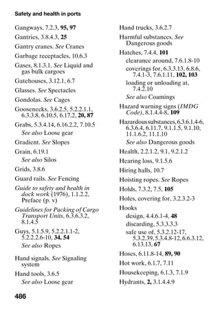 Safety and health in ports
486
Gangways, 7.2.3, 95, 97
Gantries, 3.8.4.3, 25
Gantry cranes. See Cranes
Garbage receptacles, 10.6.3
Gases, 8.1.3.1. See Liquid and
gas bulk cargoes
Gatehouses, 3.12.1, 6.7
Glasses. See Spectacles
Gondolas. See Cages
Goosenecks, 3.6.2.5, 5.2.2.1.1,
6.3.3.8, 6.10.5, 6.17.2, 20, 87
Grabs, 5.3.4.14, 6.16.2.2, 7.10.5
See also Loose gear
Gradient. See Slopes
Grain, 6.19.1
See also Silos
Grids, 3.8.6
Guard rails. See Fencing
Guide to safety and health in
dock work (1976), 1.1.2.2,
Preface (p. v)
Guidelines for Packing of Cargo
Transport Units, 6.3.6.3.2,
8.1.4.5
Guys, 5.1.5.9, 5.2.2.1.1-2,
5.2.2.2.6-10, 34, 54
See also Ropes
Hand signals. See Signaling
system
Hand tools, 3.6.5
See also Loose gear
Hand trucks, 3.6.2.7
Harmful substances. See
Dangerous goods
Hatches, 7.4.4, 101
clearance around, 7.6.1.8-10
coverings for, 6.3.3.13, 6.8.6,
7.4.1-3, 7.6.1.11, 102, 103
loading or unloading at,
7.4.2.10
See also Coamings
Hazard warning signs (IMDG
Code), 8.1.4.4-8, 109
Hazardoussubstances,6.3.6.1.4-6,
6.3.6.4, 6.11.7, 9.1.1.5, 9.1.10,
11.1.6.2, 11.1.10
See also Dangerous goods
Health, 2.2.1.2, 9.1, 9.2.1.2
Hearing loss, 9.1.5.6
Hiring halls, 10.7
Hoisting ropes. See Ropes
Holds, 7.3.2, 7.5, 105
Holes, covering for, 3.2.3.2-3
Hooks
design, 4.4.6.1-4, 48
discarding, 5.3.3.3.3
safe use of, 5.3.2.12-17,
5.3.2.39,5.3.4.8-12,6.6.3.12,
6.13.13, 67
Hoses, 6.11.8-14, 89, 90
Hot work, 6.1.7, 7.11
Housekeeping, 6.1.3, 7.1.9
Hydrants, 2, 3.1.4.4.9
 
