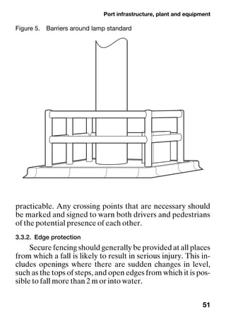 Port infrastructure, plant and equipment
51
practicable. Any crossing points that are necessary should
be marked and signed to warn both drivers and pedestrians
of the potential presence of each other.
3.3.2. Edge protection
Secure fencing should generally be provided at all places
from which a fall is likely to result in serious injury. This in-
cludes openings where there are sudden changes in level,
such as the tops of steps, and open edges from which it is pos-
sible to fall more than 2 m or into water.
Figure 5. Barriers around lamp standard
 