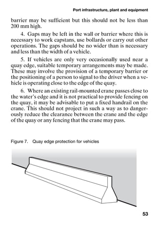 Port infrastructure, plant and equipment
53
barrier may be sufficient but this should not be less than
200 mm high.
4. Gaps may be left in the wall or barrier where this is
necessary to work capstans, use bollards or carry out other
operations. The gaps should be no wider than is necessary
and less than the width of a vehicle.
5. If vehicles are only very occasionally used near a
quay edge, suitable temporary arrangements may be made.
These may involve the provision of a temporary barrier or
the positioning of a person to signal to the driver when a ve-
hicle is operating close to the edge of the quay.
6. Where an existing rail-mounted crane passes close to
the water’s edge and it is not practical to provide fencing on
the quay, it may be advisable to put a fixed handrail on the
crane. This should not project in such a way as to danger-
ously reduce the clearance between the crane and the edge
of the quay or any fencing that the crane may pass.
Figure 7. Quay edge protection for vehicles
 