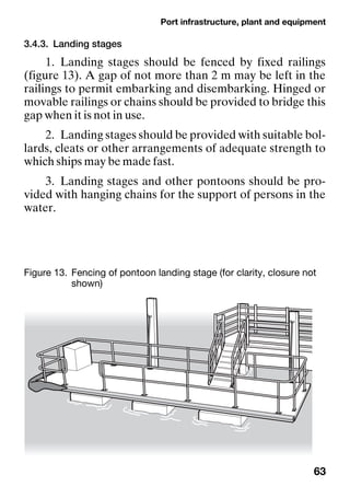 Port infrastructure, plant and equipment
63
3.4.3. Landing stages
1. Landing stages should be fenced by fixed railings
(figure 13). A gap of not more than 2 m may be left in the
railings to permit embarking and disembarking. Hinged or
movable railings or chains should be provided to bridge this
gap when it is not in use.
2. Landing stages should be provided with suitable bol-
lards, cleats or other arrangements of adequate strength to
which ships may be made fast.
3. Landing stages and other pontoons should be pro-
vided with hanging chains for the support of persons in the
water.
Figure 13. Fencing of pontoon landing stage (for clarity, closure not
shown)
 
