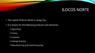 ILOCOS NORTE
• The capital of Ilocos Norte is Laoag City.
• It is known for the following products and industries:
Agriculture
Fishery
Livestock
Cottage Industry
Manufacturing and Food Processing
 