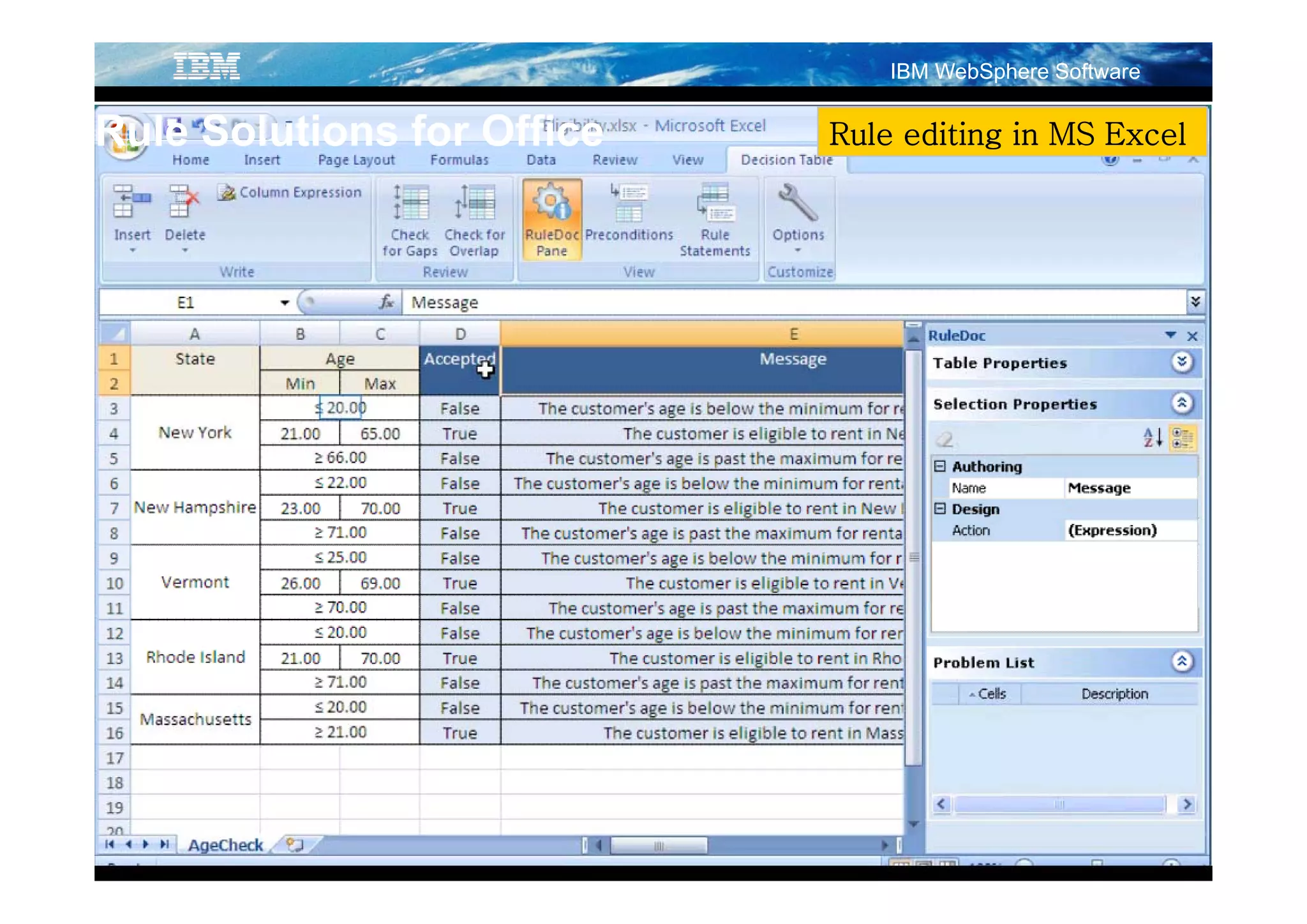 IBM WebSphere Software


Rule Solutions for Office               Rule editing in MS Excel
                                                   g
                      MS Word Editing
                         W d Edi i
 