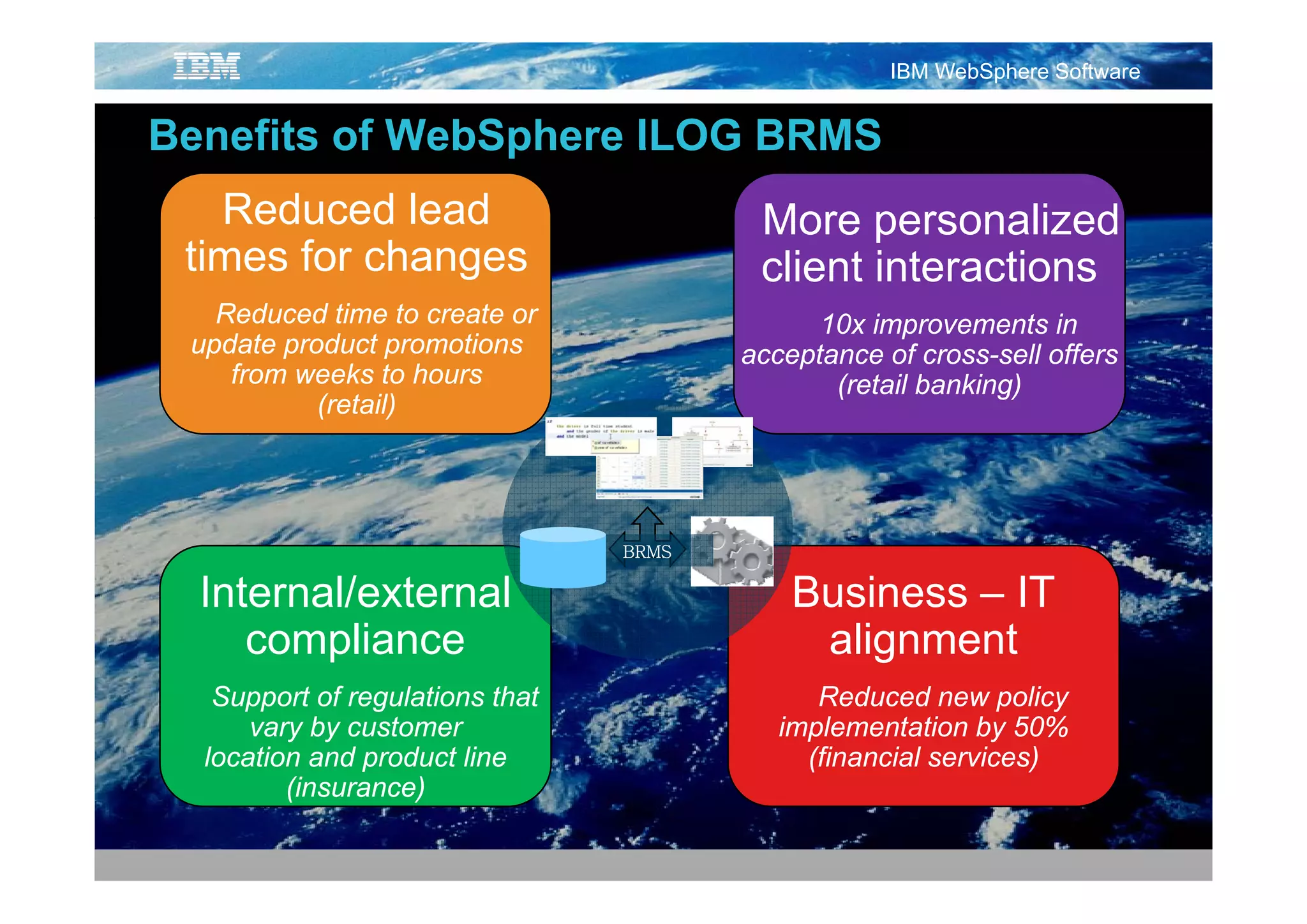 IBM WebSphere Software


Benefits of WebSphere ILOG BRMS
   Reduced lead                          More personalized
 times for changes                       client i t
                                          li t interactions
                                                      ti
   Reduced time to create or                  10x improvements in
 update p
  p     product p promotions            acceptance of cross-sell offers
    from weeks to hours                        (retail banking)
           (retail)




                                 BRMS

  Internal/external                         Business – IT
     compliance                              alignment
   Support of regulations that                Reduced new policy
      vary by customer                     implementation by 50%
  location and product line                  (financial services)
         (insurance)
 