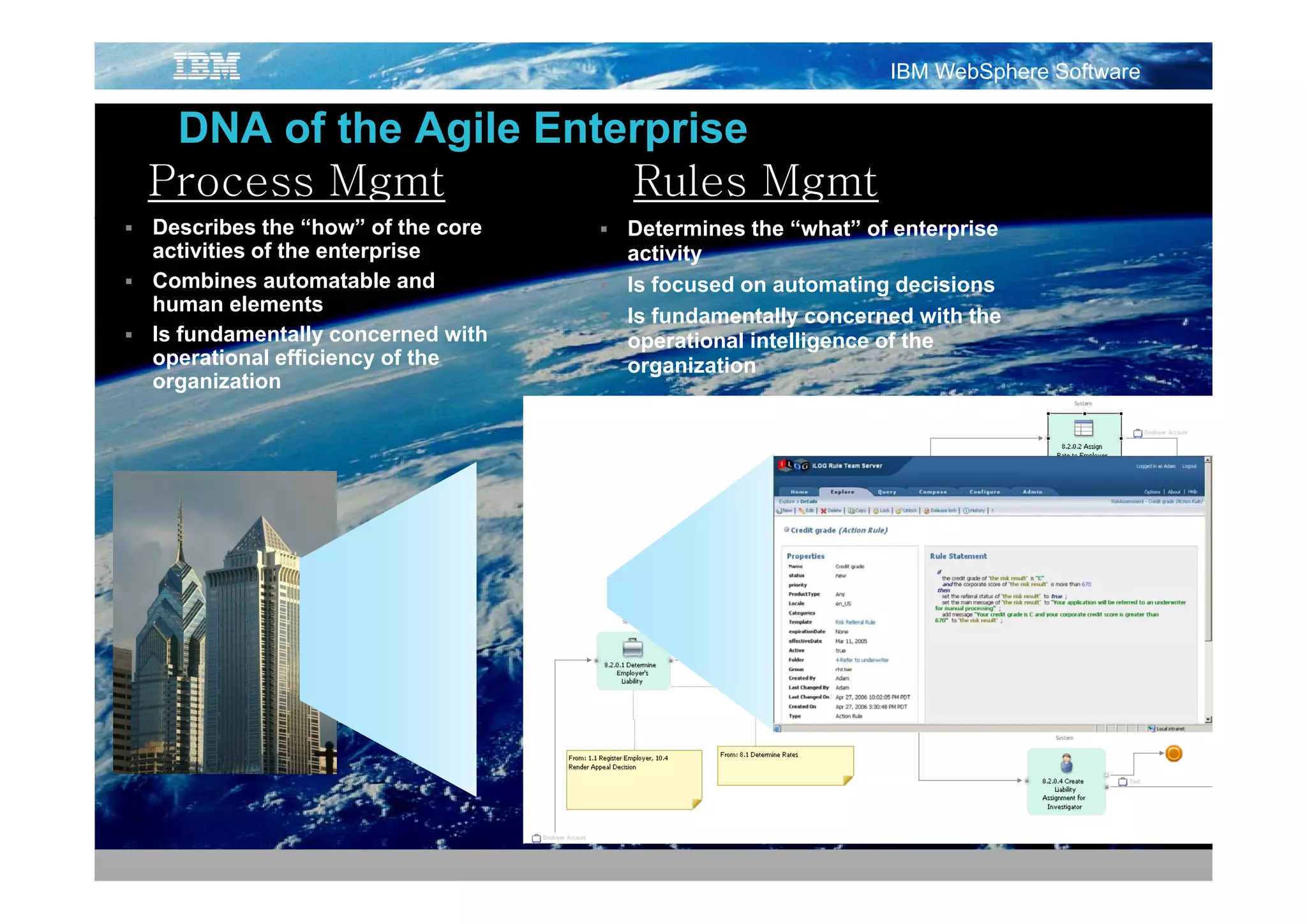 IBM WebSphere Software

 DNA of the Agile Enterprise
             g         p
Process Mgmt          Rules Mgmt
Describes the “how” of the core   Determines the “what” of enterprise
activities of the enterprise      activity
Combines automatable and          Is focused on automating decisions
human elements
                                  Is fundamentally concerned with the
Is fundamentally concerned with   operational intelligence of the
operational efficiency of the     organization
organization
 