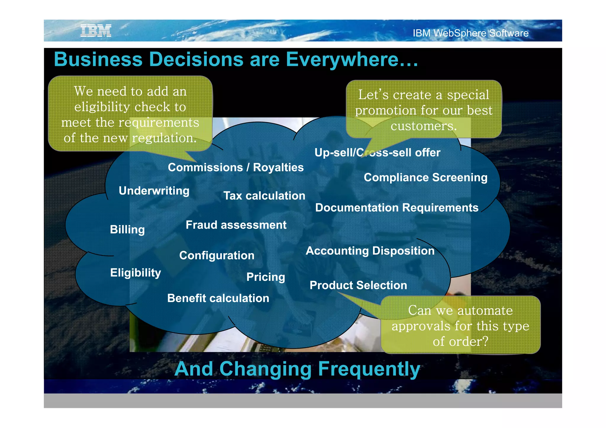 IBM WebSphere Software

Business Decisions are Everywhere…
                           y
  We need to add an                                      Let’s create a special
  eligibility check to                                   promotion for our best
meet the requirements                                         customers.
of the new regulation.
                                                  Up-sell/Cross-
                                                  Up-sell/Cross-sell offer
                     Commissions / Royalties
                                                           Compliance Screening
         Underwriting          Tax calculation
                                                  Documentation Requirements
       Billing          Fraud assessment

                       Configuration             Accounting Disposition
       Eligibility                 Pricing
                                                 Product Selection
                     Benefit calculation
                                                                  Can we automate
                                                                approvals for this type
                                                                      of order?

                      And Changing Frequently
 