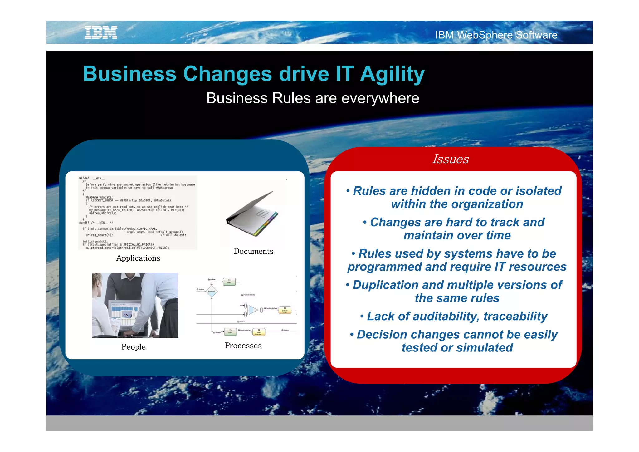 IBM WebSphere Software


Business Changes drive IT Agility
                  Business Rules are everywhere


                                                   Issues

                                    • Rules are hidden in code or isolated
                                              within the organization
                                         • Changes are hard to track and
                                                maintain over time
                      Documents
   Applications                       • Rules used by systems have to be
                                    programmed and require IT resources
                                    • Duplication and multiple versions of
                                                  the same rules
                                        • Lack of auditability, traceability
                                     • Decision changes cannot be easily
    People          Processes                  tested or simulated
 