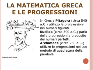 LA MATEMATICA GRECA  E LE PROGRESSIONI  In Grecia  Pitagora  (circa 540 a.C.) utilizzò le progressioni nei numeri figurati Euclide  (circa 300 a.C.) parlò delle progressioni a proposito dei numeri perfetti.  Archimede  (circa 230 a.C.) utilizzò le progressioni nel suo metodo di quadratura della parabola.  