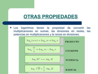 OTRAS PROPIEDADES Los logaritmos tienen la propiedad de convertir las multiplicaciones en sumas, las divisiones en restas, las potencias en multiplicaciones y la raíces en divisiones. 