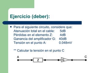 Ejercicio (deber): Para el siguiente circuito, considere que: Atenuación total en el cable:  5dB Pérdidas en el elemento Z:  4dB Ganancia del amplificador G: 40dB Tensión en el punto A: 0.048mV ** Calcular la tensión en el punto C 