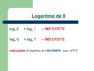 Logaritmo de 0 log 2  0 = log 2   ? ->  NO  EXISTE log 4  0 = log 4   ? CONCLUSIÓN :  El logaritmo de  0   NO EXISTE  , pues  a ? ≠ 0 ->  NO  EXISTE 