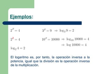 Ejemplos : El logaritmo es, por tanto, la operación inversa a la potencia, igual que la división es la operación inversa de la multiplicación. 
