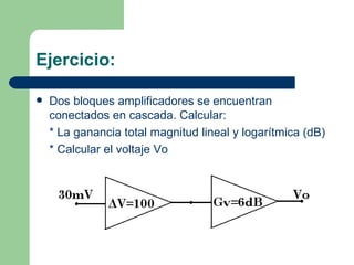 Ejercicio: Dos bloques amplificadores se encuentran conectados en cascada. Calcular: * La ganancia total magnitud lineal y logarítmica (dB) * Calcular el voltaje Vo 