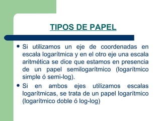 TIPOS DE PAPEL Si utilizamos un eje de coordenadas en escala logarítmica y en el otro eje una escala aritmética se dice que estamos en presencia de un papel semilogarítmico (logarítmico simple ó semi-log). Si en ambos ejes utilizamos escalas logarítmicas, se trata de un papel logarítmico (logarítmico doble ó log-log) 