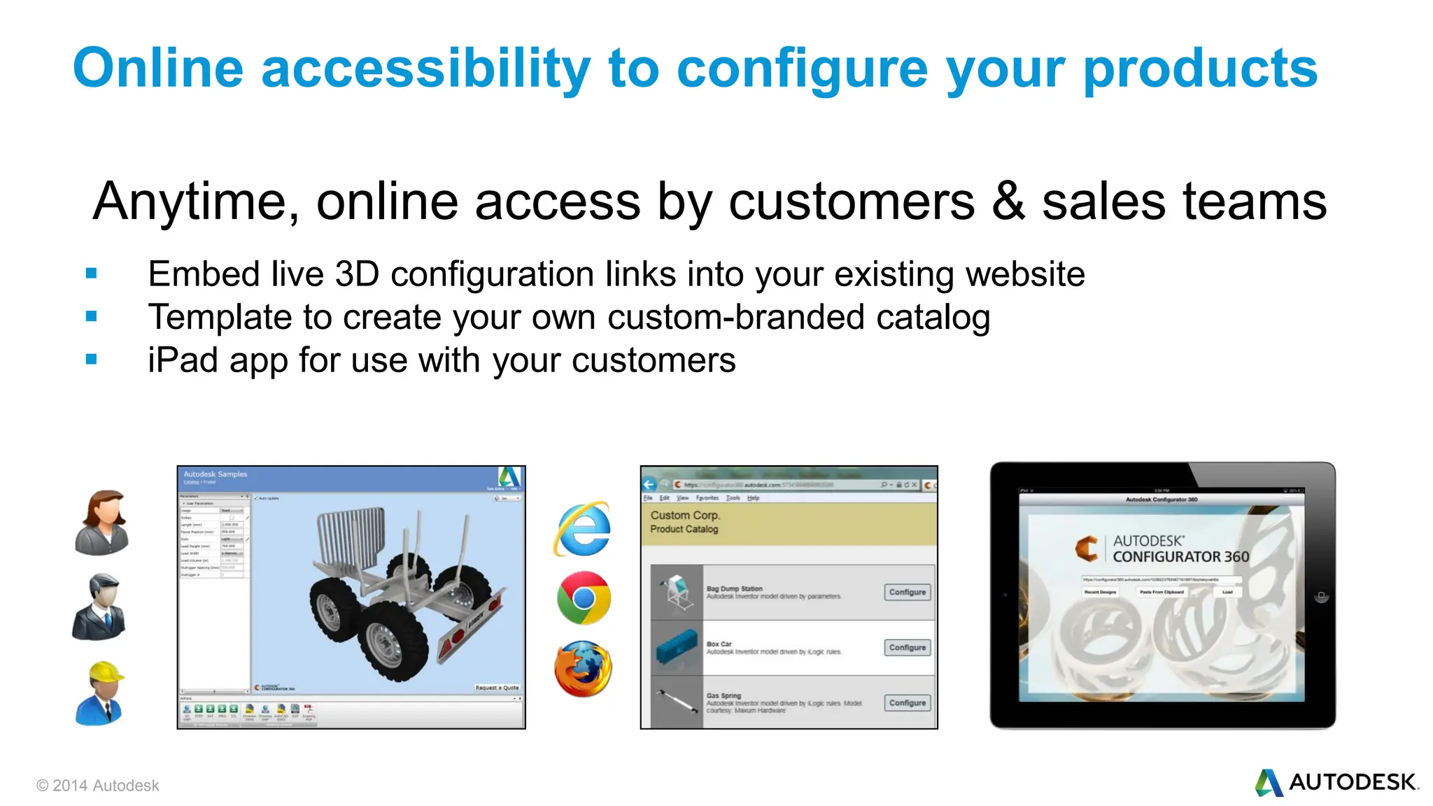 © 2014 Autodesk
Anytime, online access by customers & sales teams
 Embed live 3D configuration links into your existing website
 Template to create your own custom-branded catalog
 iPad app for use with your customers
Online accessibility to configure your products
 
