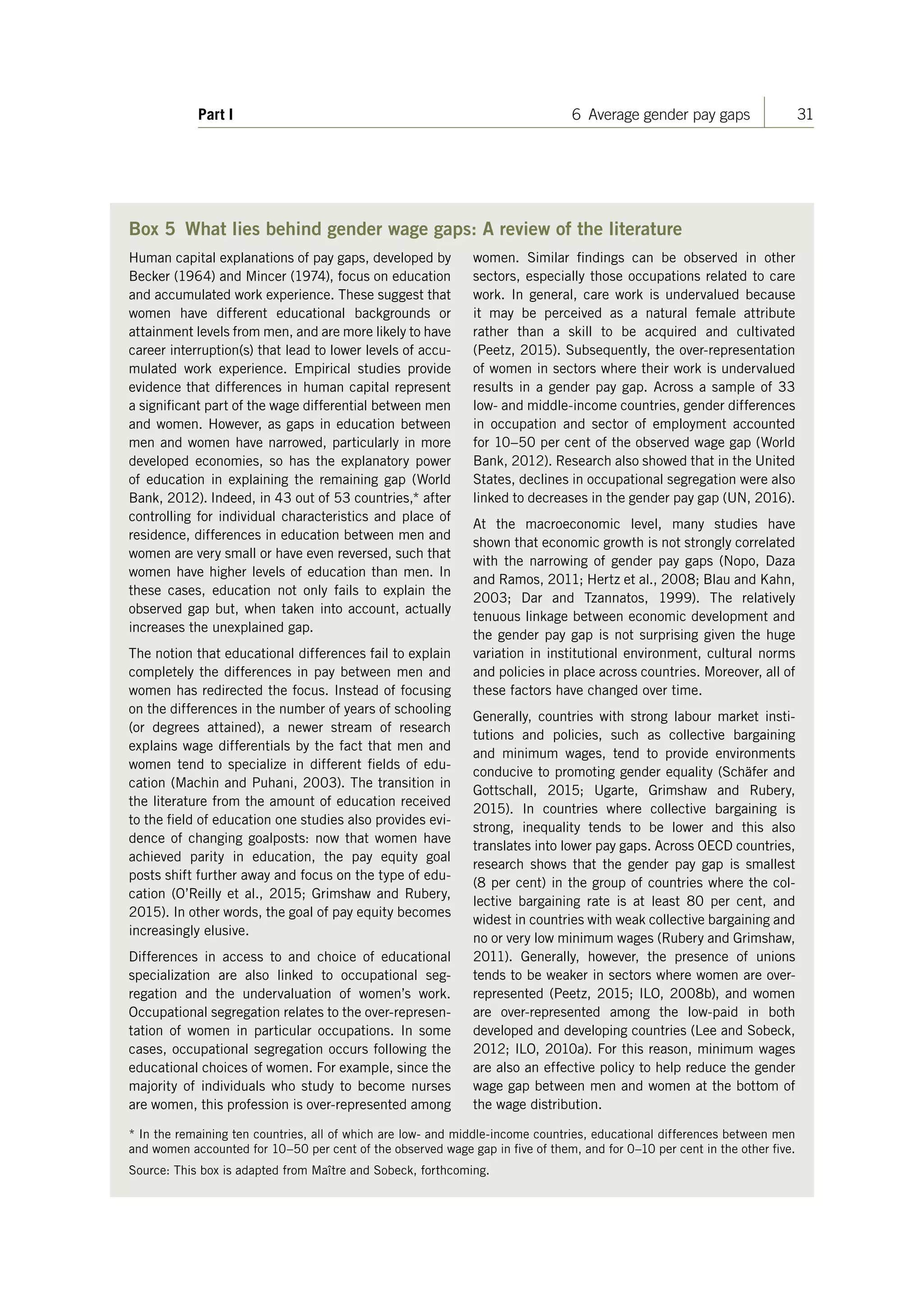 31Part I 6 Average gender pay gaps
Box 5 What lies behind gender wage gaps: A review of the literature
Human capital explanations of pay gaps, developed by
Becker (1964) and Mincer (1974), focus on education
and accumulated work experience. These suggest that
women have different educational backgrounds or
attainment levels from men, and are more likely to have
career interruption(s) that lead to lower levels of accu-
mulated work experience. Empirical studies provide
evidence that differences in human capital represent
a significant part of the wage differential between men
and women. However, as gaps in education between
men and women have narrowed, particularly in more
developed economies, so has the explanatory power
of education in explaining the remaining gap (World
Bank, 2012). Indeed, in 43 out of 53 countries,* after
controlling for individual characteristics and place of
residence, differences in education between men and
women are very small or have even reversed, such that
women have higher levels of education than men. In
these cases, education not only fails to explain the
observed gap but, when taken into account, actually
increases the unexplained gap.
The notion that educational differences fail to explain
completely the differences in pay between men and
women has redirected the focus. Instead of focusing
on the differences in the number of years of schooling
(or degrees attained), a newer stream of research
explains wage differentials by the fact that men and
women tend to specialize in different fields of edu-
cation (Machin and Puhani, 2003). The transition in
the literature from the amount of education received
to the field of education one studies also provides evi-
dence of changing goalposts: now that women have
achieved parity in education, the pay equity goal
posts shift further away and focus on the type of edu-
cation (O’Reilly et al., 2015; Grimshaw and Rubery,
2015). In other words, the goal of pay equity becomes
increasingly elusive.
Differences in access to and choice of educational
specialization are also linked to occupational seg-
regation and the undervaluation of women’s work.
Occupational segregation relates to the over-represen-
tation of women in particular occupations. In some
cases, occupational segregation occurs following the
educational choices of women. For example, since the
majority of individuals who study to become nurses
are women, this profession is over-represented among
women. Similar findings can be observed in other
sectors, especially those occupations related to care
work. In general, care work is undervalued because
it may be perceived as a natural female attribute
rather than a skill to be acquired and cultivated
(Peetz, 2015). Subsequently, the over-representation
of women in sectors where their work is undervalued
results in a gender pay gap. Across a sample of 33
low- and middle-income countries, gender differences
in occupation and sector of employment accounted
for 10–50 per cent of the observed wage gap (World
Bank, 2012). Research also showed that in the United
States, declines in occupational segregation were also
linked to decreases in the gender pay gap (UN, 2016).
At the macroeconomic level, many studies have
shown that economic growth is not strongly correlated
with the narrowing of gender pay gaps (Nopo, Daza
and Ramos, 2011; Hertz et al., 2008; Blau and Kahn,
2003; Dar and Tzannatos, 1999). The relatively
tenuous linkage between economic development and
the gender pay gap is not surprising given the huge
variation in institutional environment, cultural norms
and policies in place across countries. Moreover, all of
these factors have changed over time.
Generally, countries with strong labour market insti-
tutions and policies, such as collective bargaining
and minimum wages, tend to provide environments
conducive to promoting gender equality (Schäfer and
Gottschall, 2015; Ugarte, Grimshaw and Rubery,
2015). In countries where collective bargaining is
strong, inequality tends to be lower and this also
translates into lower pay gaps. Across OECD countries,
research shows that the gender pay gap is smallest
(8 per cent) in the group of countries where the col-
lective bargaining rate is at least 80  per cent, and
widest in countries with weak collective bargaining and
no or very low minimum wages (Rubery and Grimshaw,
2011). Generally, however, the presence of unions
tends to be weaker in sectors where women are over-
represented (Peetz, 2015; ILO, 2008b), and women
are over-represented among the low-paid in both
developed and developing countries (Lee and Sobeck,
2012; ILO, 2010a). For this reason, minimum wages
are also an effective policy to help reduce the gender
wage gap between men and women at the bottom of
the wage distribution.
* In the remaining ten countries, all of which are low- and middle-income countries, educational differences between men
and women accounted for 10–50 per cent of the observed wage gap in five of them, and for 0–10 per cent in the other five.
Source: This box is adapted from Maître and Sobeck, forthcoming.
ContentsContents
 