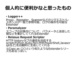 個人的に便利かなと思ったもの
• Logger++
Proxy、Repeater、Scannerなどのリクエスト/レ
スポンスが一覧で参照可能、ログの保存も可能な
Extender
• Paramalyzer
スコープの対象内について、パラメータと送信した
値などを集計してくれるExtender
• Reissue Request Scripter
HTTP historyタブの通信を送信する
script(Python,Ruby,Perl,PHP,PowerShell,Javascr
iptなど)を自動的に生成してくれる
※Copy as 〇〇という似たようなExtenderシリー
ズもあるっぽい。
 