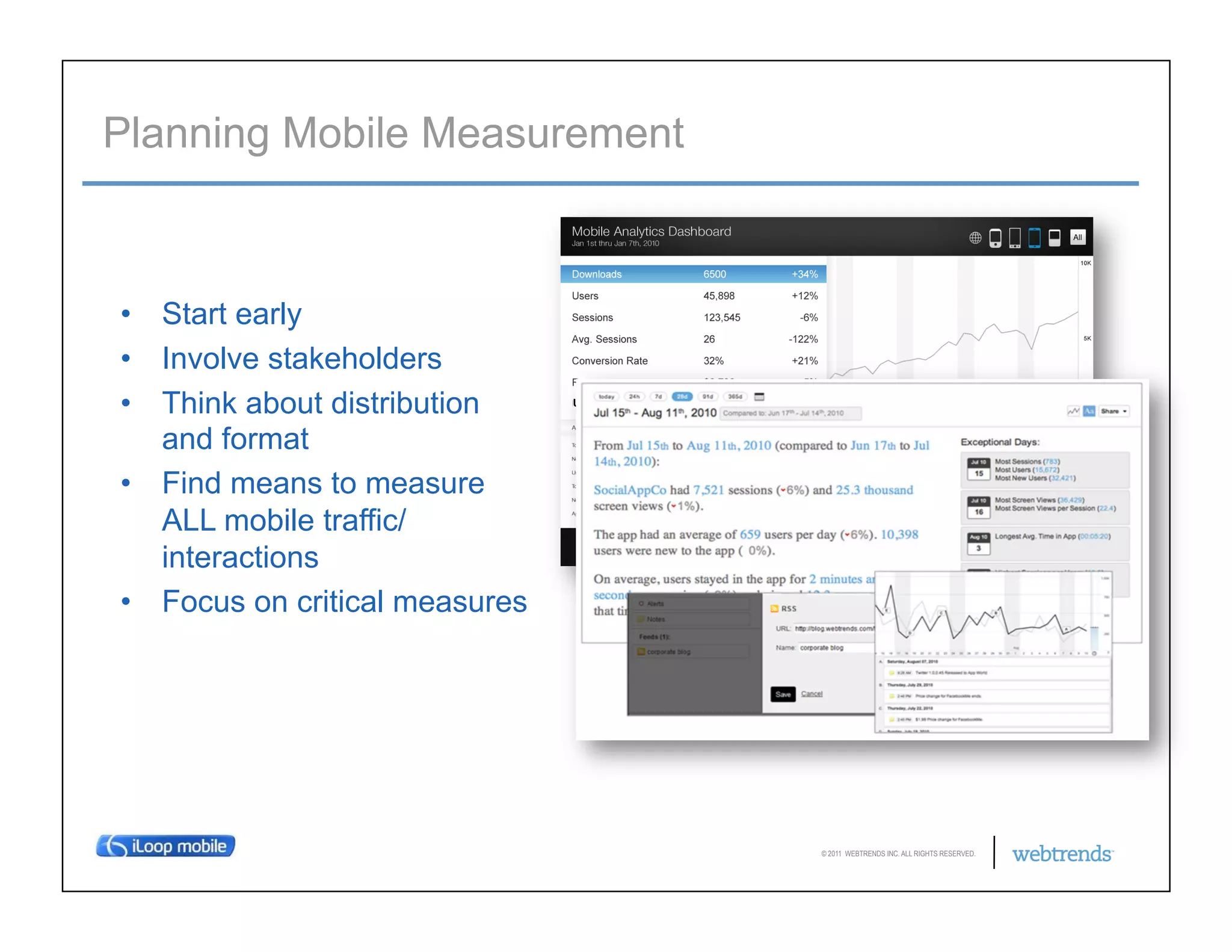 Planning Mobile Measurement



•  Start early
•  Involve stakeholders
•  Think about distribution     Usage Rate


   and format
•  Find means to measure
   ALL mobile traffic/
   interactions
•  Focus on critical measures




                                             © 2011 WEBTRENDS INC. ALL RIGHTS RESERVED.
 