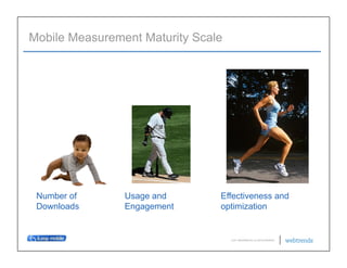 Mobile Measurement Maturity Scale




 Number of      Usage and       Effectiveness and
 Downloads      Engagement      optimization


                                    © 2011 WEBTRENDS INC. ALL RIGHTS RESERVED.
 
