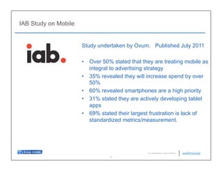 IAB Study on Mobile


                      Study undertaken by Ovum. Published July 2011

                      •  Over 50% stated that they are treating mobile as
                         integral to advertising strategy
                      •  35% revealed they will increase spend by over
                         50%
                      •  60% revealed smartphones are a high priority
                      •  31% stated they are actively developing tablet
                         apps
                      •  69% stated their largest frustration is lack of
                         standardized metrics/measurement.




                                                © 2011 WEBTRENDS INC. ALL RIGHTS RESERVED.

                                 5
 