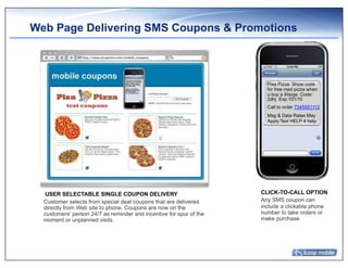Web Page Delivering SMS Coupons & Promotions



                                                                       Pisa Pizza: Show code
                                                                       for free med pizza when
                                                                       u buy a Xlarge. Code:
                                                                       2dhj Exp:101/10
                                                                       Call to order 7345551112
                                                                       Msg & Data Rates May
                                                                       Apply.Text HELP 4 help.




   USER SELECTABLE SINGLE COUPON DELIVERY                            CLICK-TO-CALL OPTION
  Customer selects from special deal coupons that are delivered      Any SMS coupon can
  directly from Web site to phone. Coupons are now on the            include a clickable phone
  customers’ person 24/7 as reminder and incentive for spur of the   number to take orders or
  moment or unplanned visits.                                        make purchase
 
