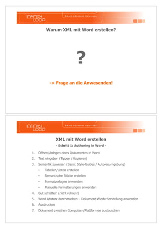 Warum XML mit Word erstellen? 
? 
-> Frage an die Anwesenden! 
XML mit Word erstellen 
- Schritt 1: Authoring in Word - 
1. Öffnen/Anlegen eines Dokumentes in Word 
2. Text eingeben (Tippen / Kopieren) 
3. Semantik zuweisen (Basis: Style-Guides / Autorenumgebung) 
• Tabellen/Listen erstellen 
• Semantische Blöcke erstellen 
• Formatvorlagen anwenden 
• Manuelle Formatierungen anwenden 
4. Gut schütteln (nicht rühren!) 
5. Word Absturz durchmachen – Dokument-Wiederherstellung anwenden 
6. Ausdrucken 
7. Dokument zwischen Computern/Plattformen austauschen 
 