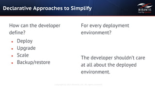 Copyright © 2015 Mirantis, Inc. All rights reserved
How can the developer
define?
● Deploy
● Upgrade
● Scale
● Backup/restore
For every deployment
environment?
The developer shouldn’t care
at all about the deployed
environment.
Declarative Approaches to Simplify
 