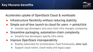 Copyright © 2015 Mirantis, Inc. All rights reserved
Accelerates uptake of OpenStack Cloud & workloads
● Infrastructure flexibility without reducing stability
● Simple out-of-box launch to cloud for users -> point/click
● Insulate app developers and users from infra changes, complexity
● Streamline packaging, automation-chain complexity
● Simplify how developers specify infra needs
● Improve OpenStack interoperability
● Readily extensible for orchestration, PaaS frameworks, other IaaS
● Support cloud native, cloud-ready and legacy apps
Key Murano benefits
 