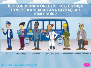 Dünya İş Sağlığı ve Güvenliği Günü, 28 Nisan 2015 8
İSG KONUSUNDA ÖNLEYİCİ KÜLTÜR İNŞA
ETMEYE KATILACAK ANA PAYDAŞLAR
KİMLERDİR?
ILO HÜKÜMET İŞVEREN İŞÇİ / ÇALIŞAN İSG UZMANI SOSYAL GÜVENLİK
 