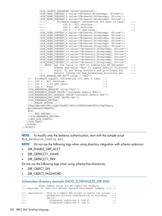 <DIR_OBJECT_PASSWORD value="password"/> 
<DIR_USER_CONTEXT_1 value="CN=Users,DC=mycompu, DC=com"/> 
<DIR_USER_CONTEXT_2 value="CN=Users2,DC=mycompu, DC=com"/> 
<DIR_USER_CONTEXT_3 value="CN=Users3,DC=mycompu, DC=com"/> 
<!-- Firmware support information for next 12 tags: --> 
<!-- iLO 4 - All versions. --> 
<!-- iLO 3 - All versions. --> 
<!-- iLO 2 - 1.77 and later. --> 
<DIR_USER_CONTEXT_4 value="CN=Users4,DC=mycompu, DC=com"/> 
<DIR_USER_CONTEXT_5 value="CN=Users5,DC=mycompu, DC=com"/> 
<DIR_USER_CONTEXT_6 value="CN=Users6,DC=mycompu, DC=com"/> 
<DIR_USER_CONTEXT_7 value="CN=Users7,DC=mycompu, DC=com"/> 
<DIR_USER_CONTEXT_8 value="CN=Users8,DC=mycompu, DC=com"/> 
<DIR_USER_CONTEXT_9 value="CN=Users9,DC=mycompu, DC=com"/> 
<DIR_USER_CONTEXT_10 value="CN=Users10,DC=mycompu, DC=com"/> 
<DIR_USER_CONTEXT_11 value="CN=Users11,DC=mycompu, DC=com"/> 
<DIR_USER_CONTEXT_12 value="CN=Users12,DC=mycompu, DC=com"/> 
<DIR_USER_CONTEXT_13 value="CN=Users13,DC=mycompu, DC=com"/> 
<DIR_USER_CONTEXT_14 value="CN=Users14,DC=mycompu, DC=com"/> 
<DIR_USER_CONTEXT_15 value="CN=Users15,DC=mycompu, DC=com"/> 
<!--NOTE: Set the value to "NO" to enable the HP Extended --> 
<!-- Schema and Value "YES" to enable Default Directory --> 
<!-- Login. To set Group Accounts and privileges for --> 
<!-- Default Schema run Mod_Schemaless_Directory.xml. --> 
<DIR_ENABLE_GRP_ACCT value = "yes"/> 
<!-- Firmware support information for next 5 tags: --> 
<!-- iLO 4 - All versions. --> 
<!-- iLO 3 - 1.20 and later. --> 
<!-- iLO 2 - None. --> 
<DIR_KERBEROS_ENABLED value="Yes"/> 
<DIR_KERBEROS_REALM VALUE="realmname.domain.dom"/> 
<DIR_KERBEROS_KDC_ADDRESS VALUE="realmkdc.domain.dom"/> 
<DIR_KERBEROS_KDC_PORT VALUE="88"/> 
<DIR_KERBEROS_KEYTAB> 
-----BEGIN KEYTAB----- 
VGhpcyBpcyBhIHRlc3Qgb2YgdGhlIEJhc2U2NCBlbmNvZGVyLiAgVGhpcy 
BpcyBvbmx5IGEgdGVz 
dC4= 
-----END KEYTAB----- 
</DIR_KERBEROS_KEYTAB> 
</MOD_DIR_CONFIG> 
</DIR_INFO> 
</LOGIN> 
</RIBCL> 
NOTE: To modify only the kerberos authentication, start with the sample script 
Mod_Kerberos_Config.xml. 
NOTE: Do not use the following tags when using directory integration with schema extension: 
• DIR_ENABLE_GRP_ACCT 
• DIR_GRPACCT1_NAME 
• DIR_GRPACCT1_PRIV 
Do not use the following tags when using schema-free directories: 
• DIR_OBJECT_DN 
• DIR_OBJECT_PASSWORD 
Schemaless directory example (MOD_SCHEMALESS_DIR.XML) 
<!-- RIBCL Sample Script for HP Lights-Out Products --> 
<!--Copyright (c) 2003,2011 Hewlett-Packard Development Company, L.P.--> 
<!-- Description: This is a sample XML script to modify the current --> 
<!-- schemaless diretory configuration on following --> 
<!-- device: --> 
<!-- Integrated Lights-Out 4 (iLO 4) --> 
<!-- Integrated Lights-Out 3 (iLO 3) --> 
106 RIBCL XML Scripting Language 
 