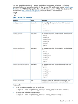 You must have the Configure iLO Settings privilege to change these properties. SSO is only 
supported for browser access from trusted HP SIM servers. SSO is a licensed feature. Table 2 (page 
35) shows the HP SIM SSO properties. For more information, see the HP iLO User Guide on the 
HP website at http://www.hp.com/go/ilo3 and click More iLO Documentation. 
Targets 
None 
Table 2 HP SIM SSO Properties 
Property Access Description 
oemhp_ssotrust Read/write The Single Sign-On required trust level. Valid values are: 
• disabled 
• all 
• name 
• certificate 
oemhp_ssouser Read/write The privileges associated with the user role. Valid values are: 
• login 
• oemhp_rc 
• oemhp_power 
• oemhp_vm 
• config 
• admin 
The privileges associated with the operator role. Valid values 
are: 
oemhp_ssooperator Read/write 
• login 
• oemhp_rc 
• oemhp_power 
• oemhp_vm 
• config 
• admin 
The privileges associated with the administrator role. Valid 
values are: 
oemhp_ssoadministrator Read/write 
• login 
• oemhp_rc 
• oemhp_power 
• oemhp_vm 
• config 
• admin 
Contains 0 or more HP SIM Trusted Server records. Each 
record contains a server name or a server certificate. 
oemhp_ssoserver Read 
For example 
• To set the SSO trust level to trust by certificate: 
</>hpiLO-> set /map1/oemhp_ssocfg1 oemhp_ssotrust=certificate 
• To assign user roles the Login privilege: 
</>hpiLO-> set /map1/oemhp_ssocfg1 oemhp_ssouser=login 
Specific commands 35 
 
