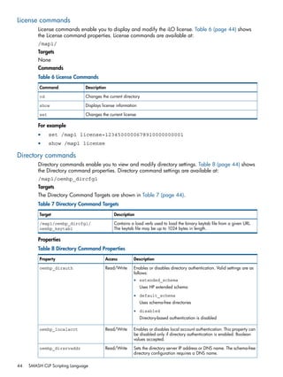 License commands 
License commands enable you to display and modify the iLO license. Table 6 (page 44) shows 
the License command properties. License commands are available at: 
/map1/ 
Targets 
None 
Commands 
Table 6 License Commands 
Command Description 
cd Changes the current directory 
show Displays license information 
set Changes the current license 
For example 
• set /map1 license=1234500000678910000000001 
• show /map1 license 
Directory commands 
Directory commands enable you to view and modify directory settings. Table 8 (page 44) shows 
the Directory command properties. Directory command settings are available at: 
/map1/oemhp_dircfg1 
Targets 
The Directory Command Targets are shown in Table 7 (page 44). 
Table 7 Directory Command Targets 
Target Description 
Contains a load verb used to load the binary keytab file from a given URL. 
The keytab file may be up to 1024 bytes in length. 
/map1/oemhp_dircfg1/ 
oemhp_keytab1 
Properties 
Table 8 Directory Command Properties 
Property Access Description 
Enables or disables directory authentication. Valid settings are as 
follows: 
oemhp_dirauth Read/Write 
• extended_schema 
Uses HP extended schema 
• default_schema 
Uses schema-free directories 
• disabled 
Directory-based authentication is disabled 
Enables or disables local account authentication. This property can 
be disabled only if directory authentication is enabled. Boolean 
values accepted. 
oemhp_localacct Read/Write 
Sets the directory server IP address or DNS name. The schema-free 
directory configuration requires a DNS name. 
oemhp_dirsrvaddr Read/Write 
44 SMASH CLP Scripting Language 
 