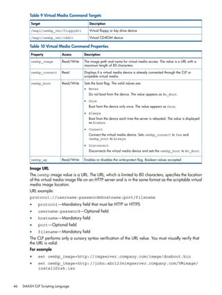 Table 9 Virtual Media Command Targets 
Target Description 
/map1/oemhp_vm1/floppydr1 Virtual floppy or key drive device 
/map1/oemhp_vm1/cddr1 Virtual CD-ROM device 
Table 10 Virtual Media Command Properties 
Property Access Description 
The image path and name for virtual media access. The value is a URL with a 
maximum length of 80 characters. 
oemhp_image Read/Write 
Displays if a virtual media device is already connected through the CLP or 
scriptable virtual media. 
oemhp_connect Read 
oemhp_boot Read/Write Sets the boot flag. The valid values are: 
• Never 
Do not boot from the device. The value appears as No_Boot. 
• Once 
Boot from the device only once. The value appears as Once. 
• Always 
Boot from the device each time the server is rebooted. The value is displayed 
as Always. 
• Connect 
Connect the virtual media device. Sets oemhp_connect to Yes and 
oemhp_boot to Always. 
• Disconnect 
Disconnects the virtual media device and sets the oemhp_boot to No_Boot. 
oemhp_wp Read/Write Enables or disables the write-protect flag. Boolean values accepted. 
Image URL 
The oemhp image value is a URL. The URL, which is limited to 80 characters, specifies the location 
of the virtual media image file on an HTTP server and is in the same format as the scriptable virtual 
media image location. 
URL example: 
protocol://username:password@hostname:port/filename 
• protocol—Mandatory field that must be HTTP or HTTPS 
• username:password—Optional field 
• hostname—Mandatory field 
• port—Optional field 
• filename—Mandatory field 
The CLP performs only a cursory syntax verification of the URL value. You must visually verify that 
the URL is valid. 
For example 
• set oemhp_image=http://imgserver.company.com/image/dosboot.bin 
• set oemhp_image=http://john:abc123@imgserver.company.com/VMimage/ 
installDisk.iso 
46 SMASH CLP Scripting Language 
 