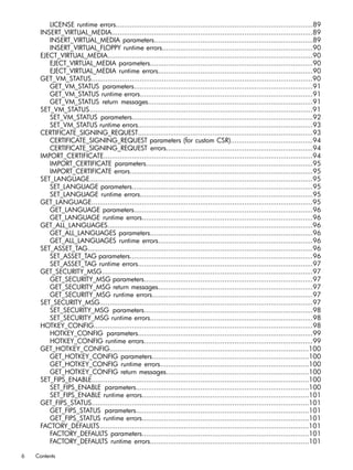 LICENSE runtime errors..................................................................................................89 
INSERT_VIRTUAL_MEDIA....................................................................................................89 
INSERT_VIRTUAL_MEDIA parameters...............................................................................89 
INSERT_VIRTUAL_FLOPPY runtime errors...........................................................................90 
EJECT_VIRTUAL_MEDIA......................................................................................................90 
EJECT_VIRTUAL_MEDIA parameters.................................................................................90 
EJECT_VIRTUAL_MEDIA runtime errors.............................................................................90 
GET_VM_STATUS..............................................................................................................90 
GET_VM_STATUS parameters.........................................................................................91 
GET_VM_STATUS runtime errors......................................................................................91 
GET_VM_STATUS return messages..................................................................................91 
SET_VM_STATUS...............................................................................................................91 
SET_VM_STATUS parameters..........................................................................................92 
SET_VM_STATUS runtime errors.......................................................................................93 
CERTIFICATE_SIGNING_REQUEST.......................................................................................93 
CERTIFICATE_SIGNING_REQUEST parameters (for custom CSR).........................................94 
CERTIFICATE_SIGNING_REQUEST errors.........................................................................94 
IMPORT_CERTIFICATE........................................................................................................94 
IMPORT_CERTIFICATE parameters...................................................................................95 
IMPORT_CERTIFICATE errors...........................................................................................95 
SET_LANGUAGE...............................................................................................................95 
SET_LANGUAGE parameters..........................................................................................95 
SET_LANGUAGE runtime errors......................................................................................95 
GET_LANGUAGE..............................................................................................................95 
GET_LANGUAGE parameters.........................................................................................96 
GET_LANGUAGE runtime errors.....................................................................................96 
GET_ALL_LANGUAGES......................................................................................................96 
GET_ALL_LANGUAGES parameters.................................................................................96 
GET_ALL_LANGUAGES runtime errors.............................................................................96 
SET_ASSET_TAG................................................................................................................96 
SET_ASSET_TAG parameters...........................................................................................96 
SET_ASSET_TAG runtime errors.......................................................................................97 
GET_SECURITY_MSG.........................................................................................................97 
GET_SECURITY_MSG parameters....................................................................................97 
GET_SECURITY_MSG return messages.............................................................................97 
GET_SECURITY_MSG runtime errors................................................................................97 
SET_SECURITY_MSG..........................................................................................................97 
SET_SECURITY_MSG parameters....................................................................................98 
SET_SECURITY_MSG runtime errors.................................................................................98 
HOTKEY_CONFIG.............................................................................................................98 
HOTKEY_CONFIG parameters.......................................................................................99 
HOTKEY_CONFIG runtime errors....................................................................................99 
GET_HOTKEY_CONFIG...................................................................................................100 
GET_HOTKEY_CONFIG parameters..............................................................................100 
GET_HOTKEY_CONFIG runtime errors..........................................................................100 
GET_HOTKEY_CONFIG return messages.......................................................................100 
SET_FIPS_ENABLE............................................................................................................100 
SET_FIPS_ENABLE parameters......................................................................................100 
SET_FIPS_ENABLE runtime errors...................................................................................101 
GET_FIPS_STATUS............................................................................................................101 
GET_FIPS_STATUS parameters......................................................................................101 
GET_FIPS_STATUS runtime errors...................................................................................101 
FACTORY_DEFAULTS........................................................................................................101 
FACTORY_DEFAULTS parameters...................................................................................101 
FACTORY_DEFAULTS runtime errors...............................................................................101 
6 Contents 
 