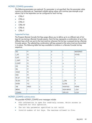 HOTKEY_CONFIG parameters 
The following parameters are optional. If a parameter is not specified, then the parameter value 
remains as previously set. Separated multiple setting values with commas (see example script 
above.) Up to five keystrokes can be configured for each hot key. 
• CTRL+T 
• CTRL+U 
• CTRL+V 
• CTRL+W 
• CTRL+X 
• CTRL+Y 
Supported hot keys 
The Program Remote Console Hot Keys page allows you to define up to six different sets of hot 
keys for use during a Remote Console session. Each hot key represents a combination of up to five 
different keys which are sent to the host machine whenever the hot key is pressed during a Remote 
Console session. The selected key combination (all keys pressed at the same time) are transmitted 
in its place. The following table lists keys available to combine in a Remote Console hot key 
sequence. 
ESC F1 – d s BACKSPACE 
L_ALT F2 ( e t SYS RQ 
R_ALT F3 ) f u 1 
L_SHIFT F4 * g v 2 
R_SHIFT F5 + h w 3 
INS F6 : I x 4 
DEL F7 < j y 5 
HOME F8 > k z 6 
END F9 = l ; 7 
PG UP F10 [ m ‘ 8 
PG DN F11 ] n L_CTRL 9 
ENTER F12  o R_CTRL 0 
TAB SPACE a p NUM PLUS NONE 
BREAK / b q NUM MINUS L_GUI 
COMMA . c r SCRL LCK R_GUI 
HOTKEY_CONFIG runtime errors 
The possible HOTKEY_CONFIG error messages include: 
• RIB information is open for read-only access. Write access is 
required for this operation. 
• The hot key parameter specified is not valid. 
• Invalid number of hot keys. The maximum allowed is five. 
RIB_INFO 99 
 