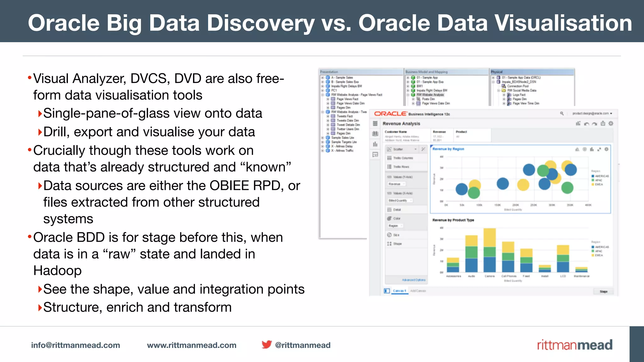 info@rittmanmead.com www.rittmanmead.com @rittmanmead
•Visual Analyzer, DVCS, DVD are also free-
form data visualisation tools

‣Single-pane-of-glass view onto data

‣Drill, export and visualise your data

•Crucially though these tools work on  
data that’s already structured and “known”

‣Data sources are either the OBIEE RPD, or 
files extracted from other structured
systems

•Oracle BDD is for stage before this, when
data is in a “raw” state and landed in
Hadoop

‣See the shape, value and integration points

‣Structure, enrich and transform
Oracle Big Data Discovery vs. Oracle Data Visualisation
 