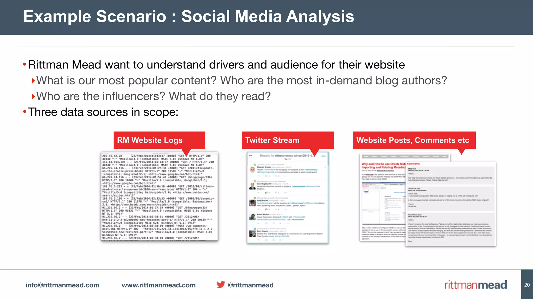 info@rittmanmead.com www.rittmanmead.com @rittmanmead 20
•Rittman Mead want to understand drivers and audience for their website

‣What is our most popular content? Who are the most in-demand blog authors?

‣Who are the influencers? What do they read? 

•Three data sources in scope:
Example Scenario : Social Media Analysis
RM Website Logs Twitter Stream Website Posts, Comments etc
 